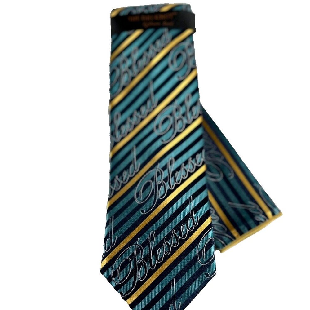 Steven Land the Big Knot Men's Tie Hanky Set Blessed Teal Light Gold Silver Navy